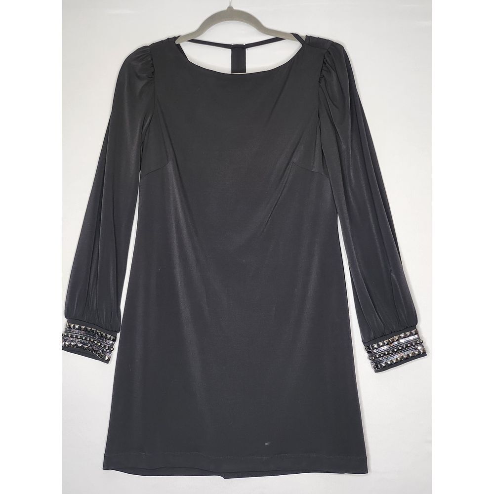 Maggy London Womans‎ Black Party Dress 6 Drape back Studded Silver accents